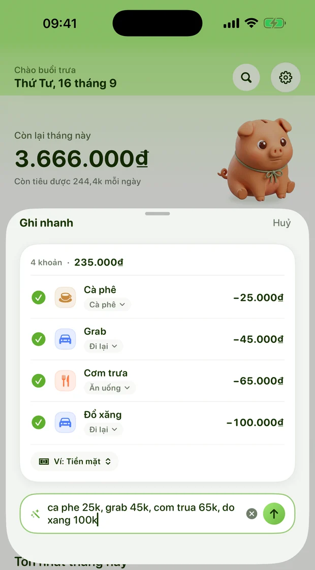 Màn Ghi nhanh của Xu tách một câu thành bốn khoản riêng, mỗi khoản có danh mục