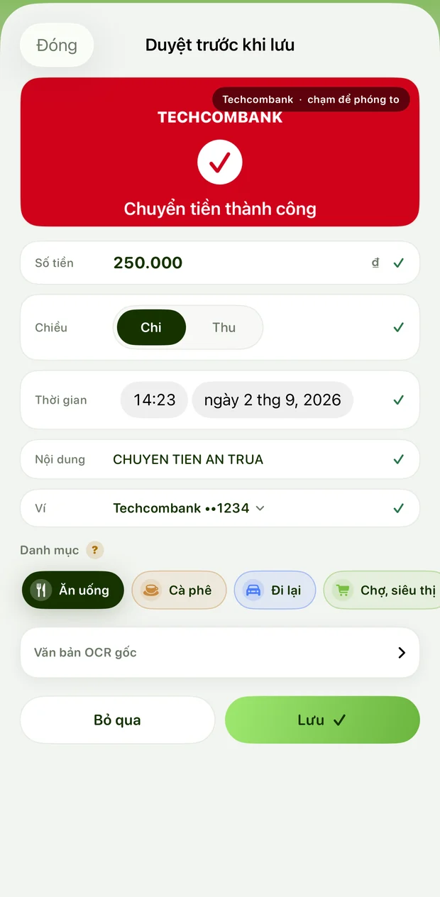 Xu đọc ảnh chụp màn hình chuyển khoản và điền sẵn số tiền, thời gian, nội dung
