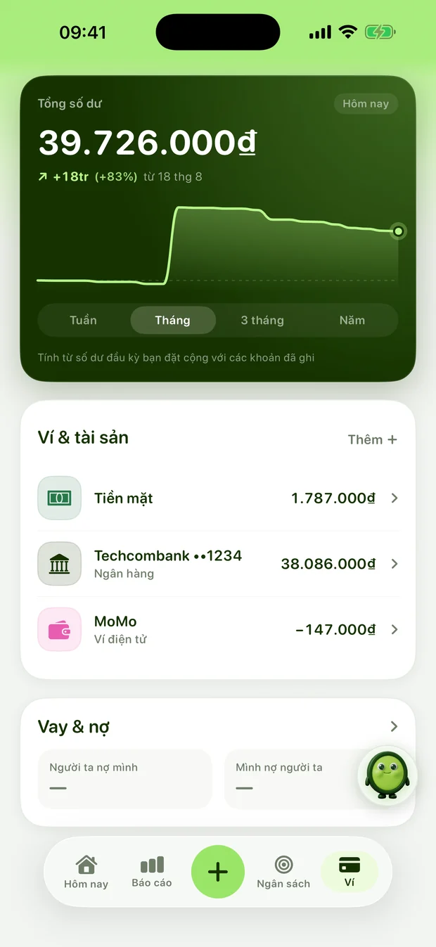 Màn Ví của Xu gộp tiền mặt, ngân hàng, thẻ và nợ thành một con số tài sản ròng